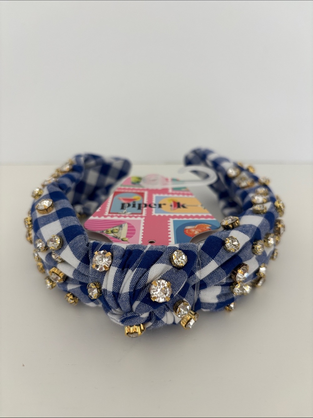 Blue Gingham Rhinestone Padded Headband